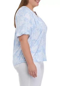 Plus Elbow Sleeve Printed Peasant Top