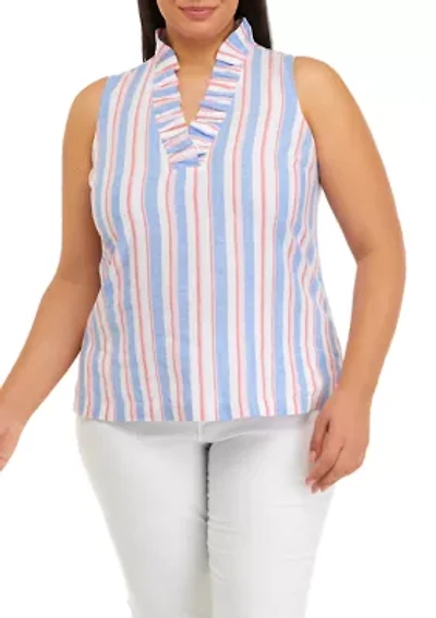 Plus Ruffle Neck Linen Yarn Dyed Top