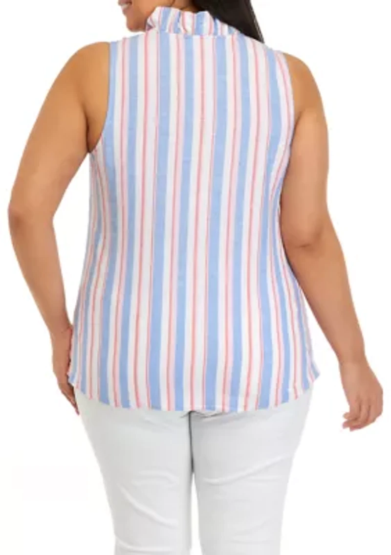 Plus Ruffle Neck Linen Yarn Dyed Top