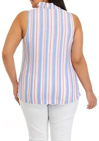 Plus Ruffle Neck Linen Yarn Dyed Top