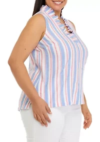 Plus Ruffle Neck Linen Yarn Dyed Top