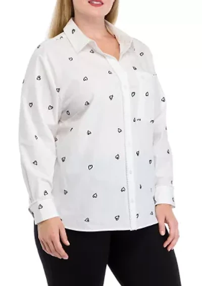 Plus Long Sleeve Tunic Button Up Embroidered Top