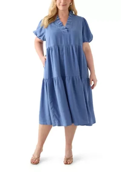 Plus Short Sleeve Midi Ruffle Neck Dress