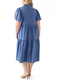 Plus Short Sleeve Midi Ruffle Neck Dress