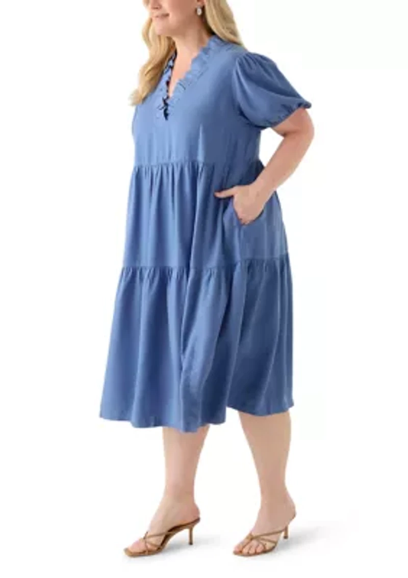 Plus Short Sleeve Midi Ruffle Neck Dress