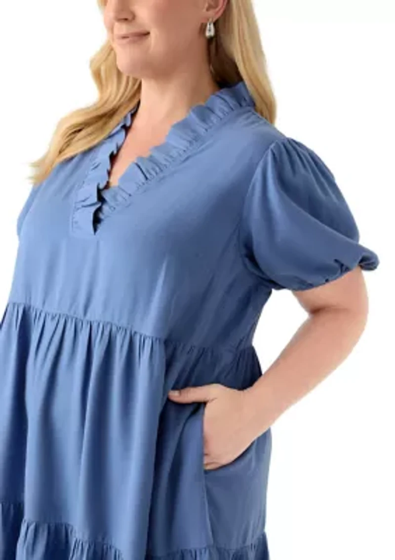 Plus Short Sleeve Midi Ruffle Neck Dress