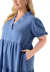 Plus Short Sleeve Midi Ruffle Neck Dress