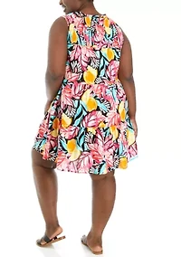 Plus Sleeveless Smocked Printed Peasant Dress