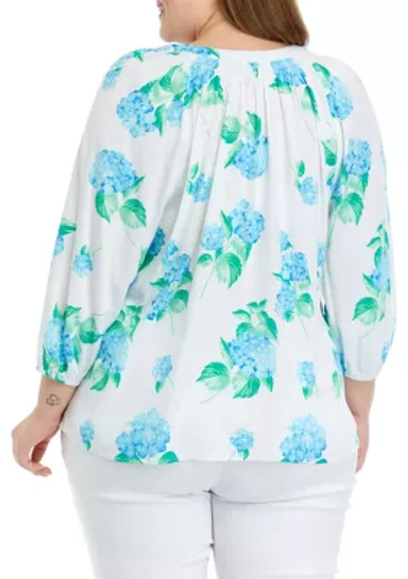 Plus 3/4 Sleeve Printed Peasant Top