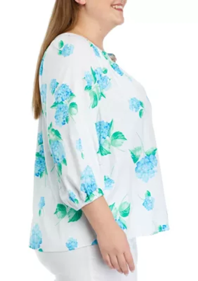 Plus 3/4 Sleeve Printed Peasant Top