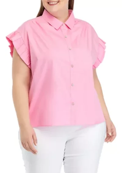 Plus Ruffled Flower Button Down Top