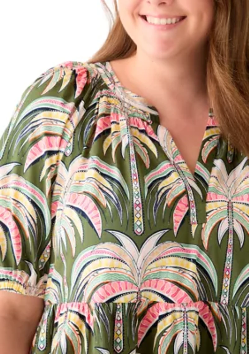 Plus Printed Poplin Peasant Dress