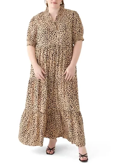 Plus Short Sleeve Smock Ruffle Neck Printed Dress
