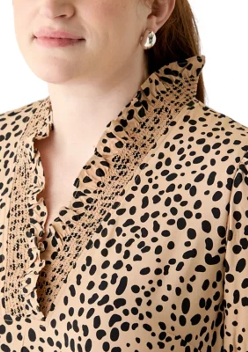 Plus Short Sleeve Smock Ruffle Neck Printed Dress