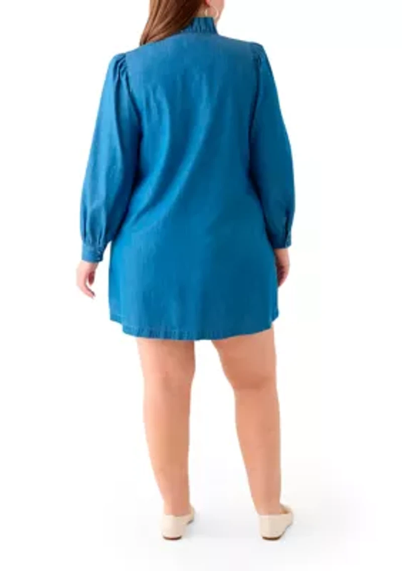 Plus Puff Sleeve Ruffle Neck Mini Shirt Dress