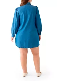 Plus Puff Sleeve Ruffle Neck Mini Shirt Dress