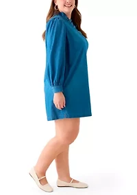 Plus Puff Sleeve Ruffle Neck Mini Shirt Dress