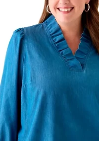 Plus Puff Sleeve Ruffle Neck Mini Shirt Dress