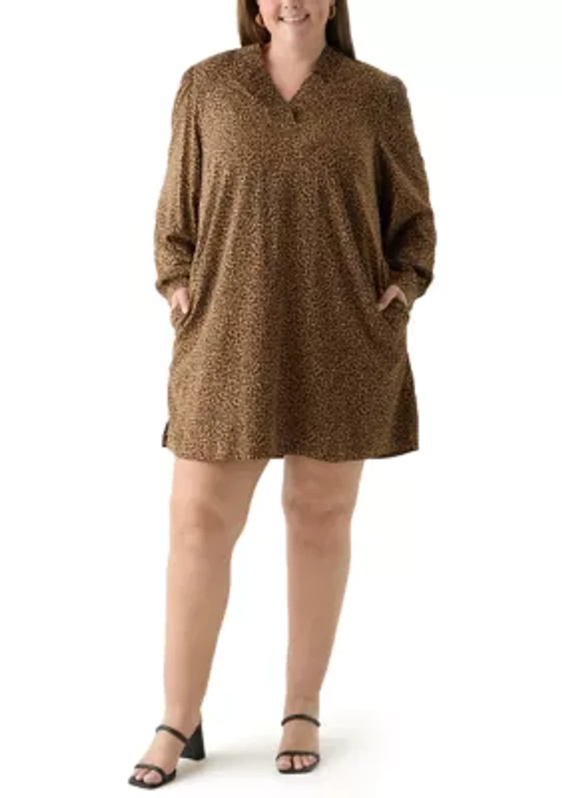 Plus Long Sleeve Ruffle Neck Printed Dress