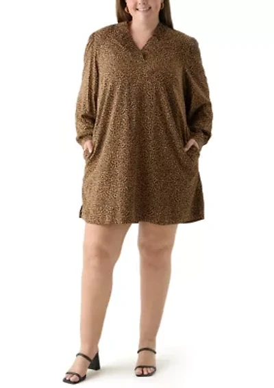 Plus Long Sleeve Ruffle Neck Printed Dress