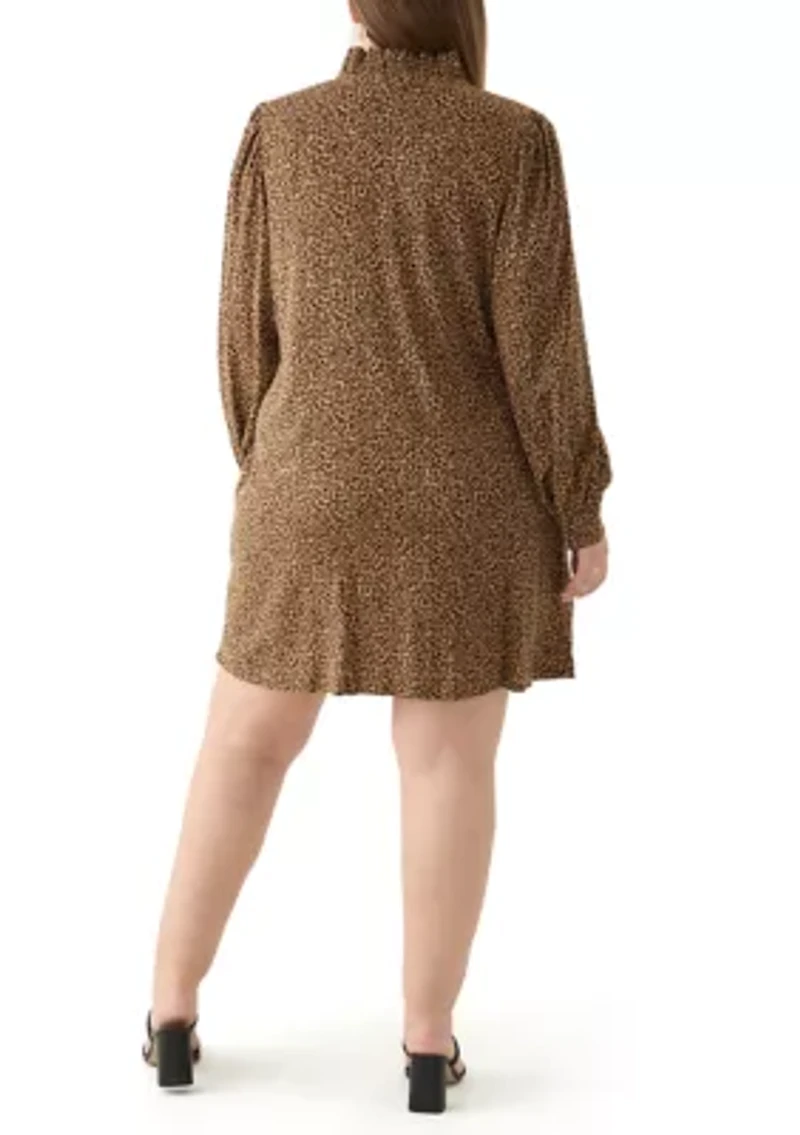 Plus Long Sleeve Ruffle Neck Printed Dress