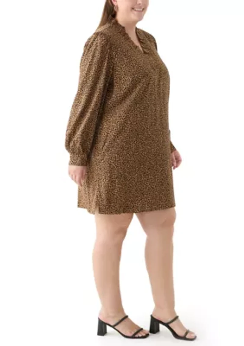 Plus Long Sleeve Ruffle Neck Printed Dress