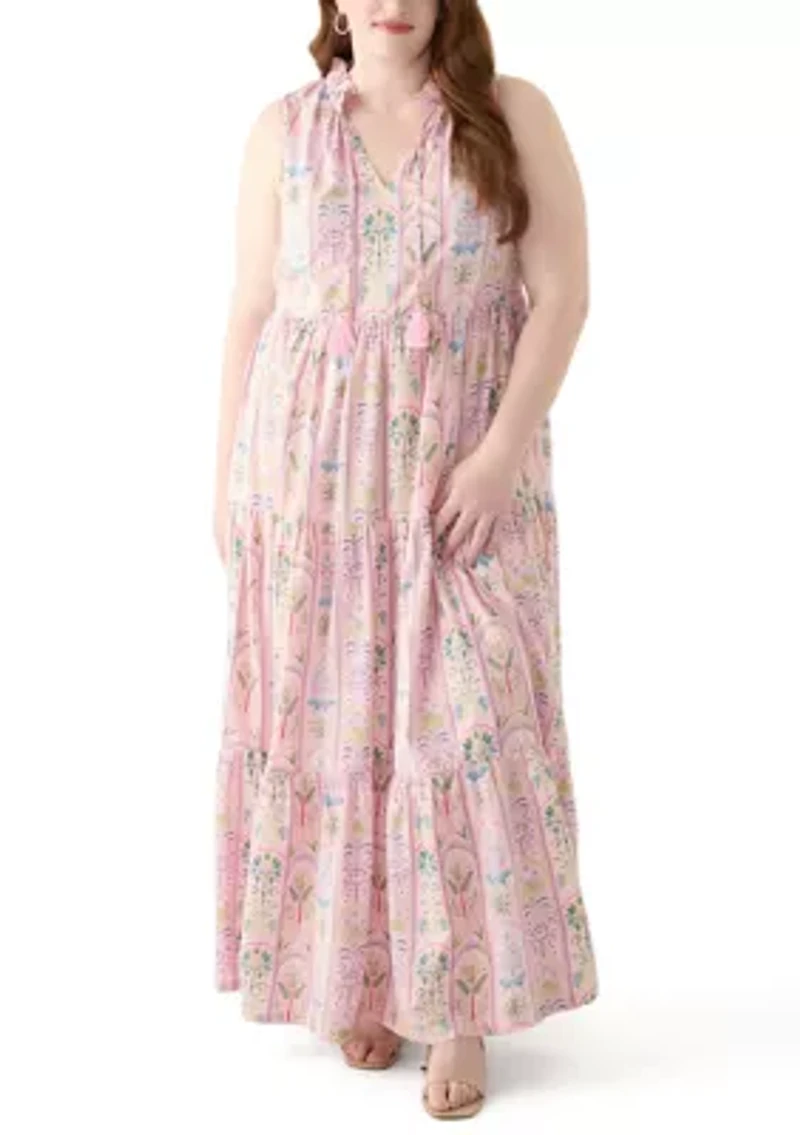Plus Sleeveless Ruffle Neck Printed Midi Dress
