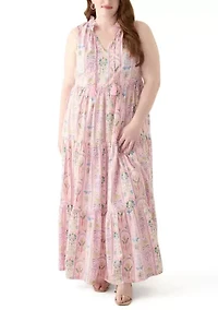 Plus Sleeveless Ruffle Neck Printed Midi Dress