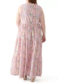 Plus Sleeveless Ruffle Neck Printed Midi Dress