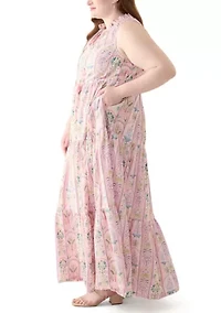 Plus Sleeveless Ruffle Neck Printed Midi Dress
