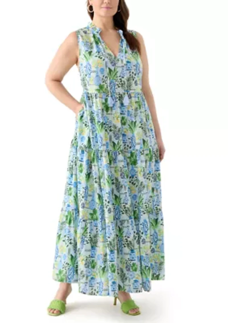 Plus Sleeveless Ruffle Neck Printed Midi Dress