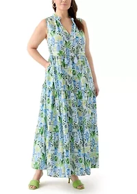 Plus Sleeveless Ruffle Neck Printed Midi Dress