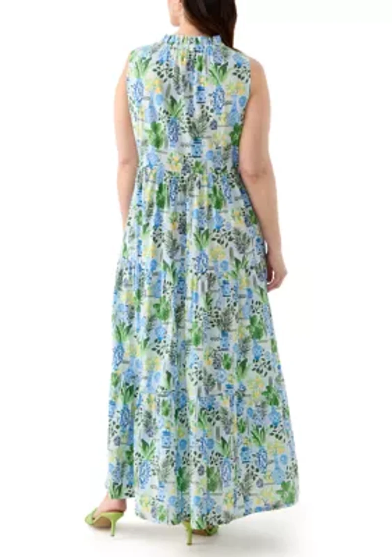 Plus Sleeveless Ruffle Neck Printed Midi Dress