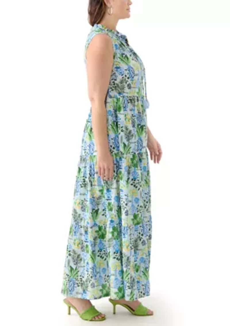 Plus Sleeveless Ruffle Neck Printed Midi Dress