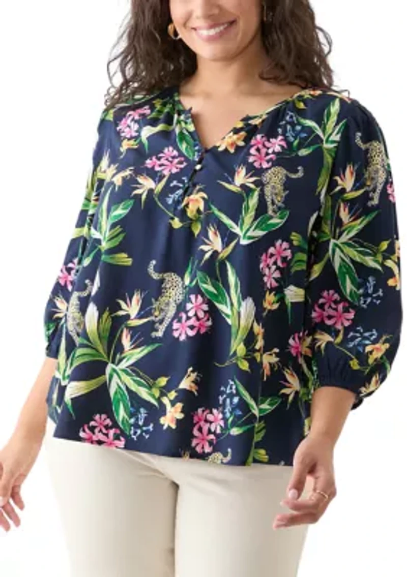 Plus 3/4 Sleeve Button Front Printed Peasant Top