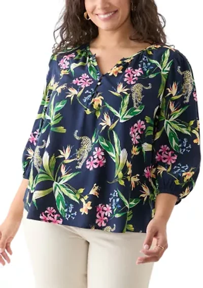 Plus 3/4 Sleeve Button Front Printed  Peasant Top