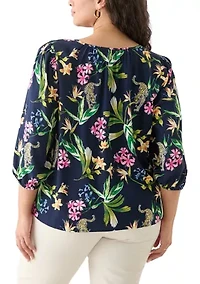 Plus 3/4 Sleeve Button Front Printed  Peasant Top
