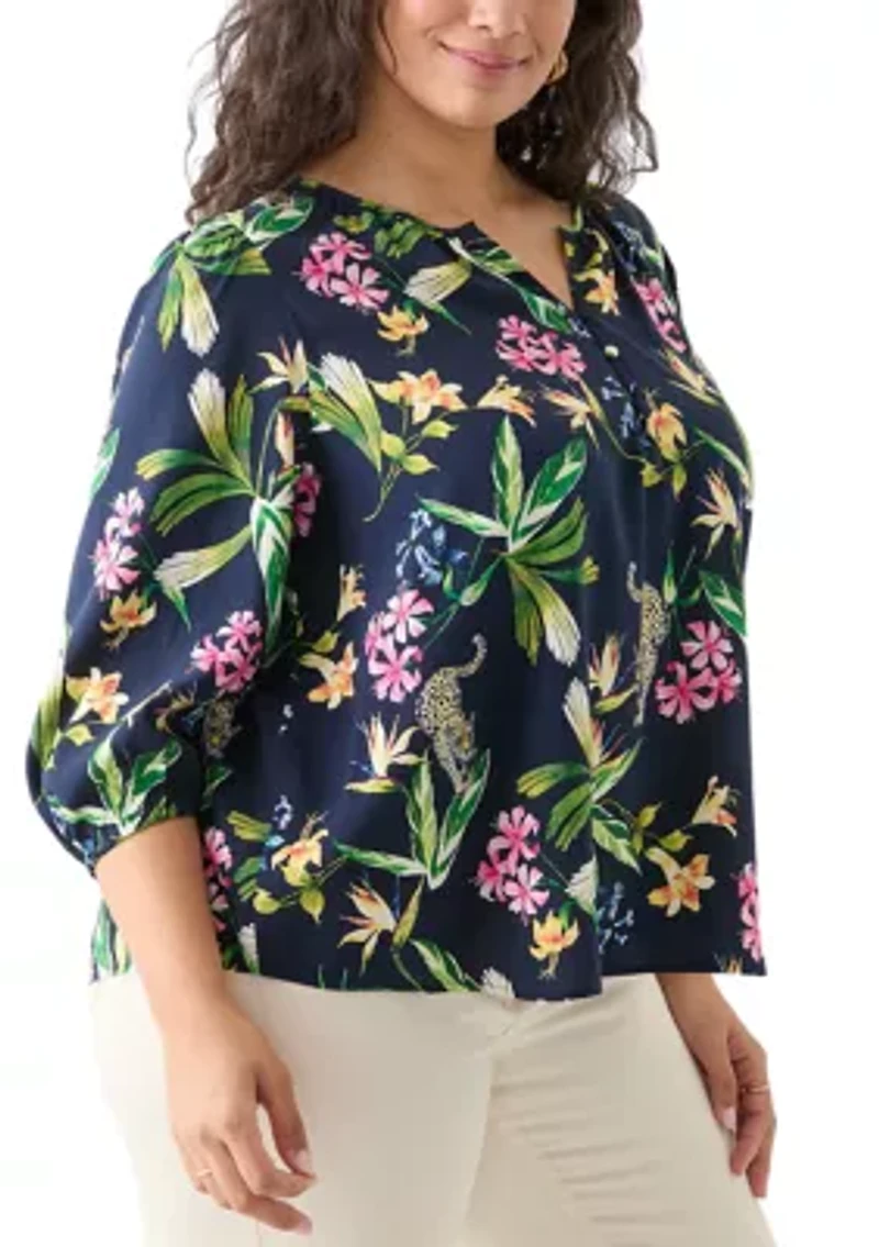 Plus 3/4 Sleeve Button Front Printed  Peasant Top