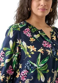 Plus 3/4 Sleeve Button Front Printed  Peasant Top