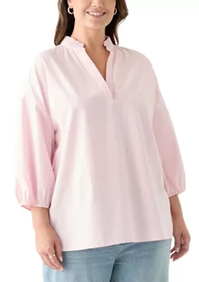 Plus 3/4 Sleeve Ruffle Neck Yarn Dyed Tunic Blouse