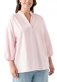 Plus 3/4 Sleeve Ruffle Neck Yarn Dyed Tunic Blouse