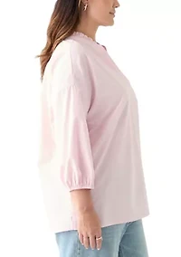 Plus 3/4 Sleeve Ruffle Neck Yarn Dyed Tunic Blouse
