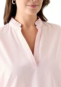Plus 3/4 Sleeve Ruffle Neck Yarn Dyed Tunic Blouse