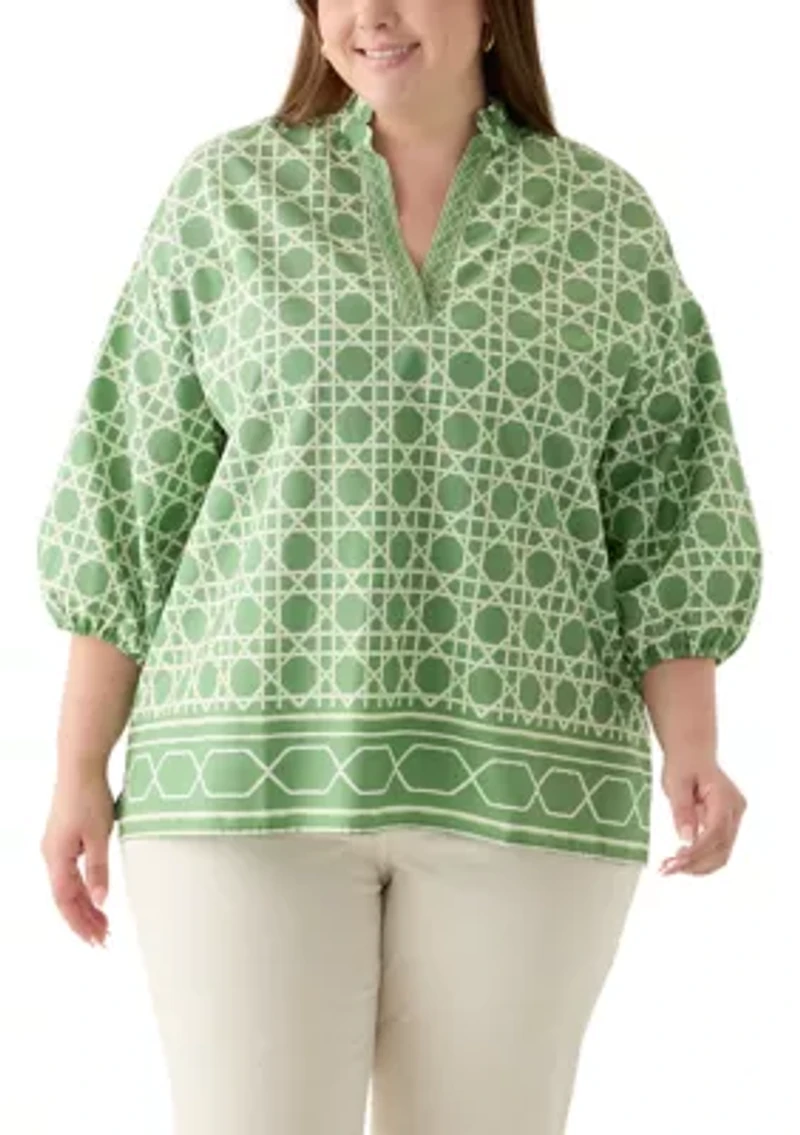 Plus 3/4 Sleeve Split Neck Printed Tunic Blouse