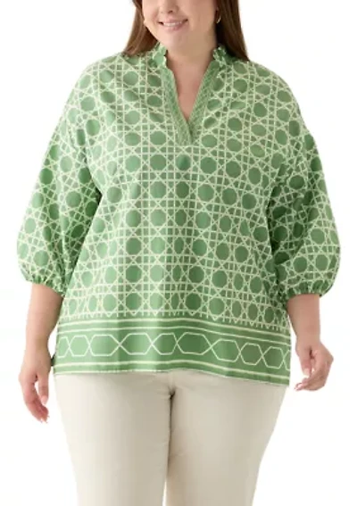 Plus 3/4 Sleeve Split Neck Printed Tunic Blouse