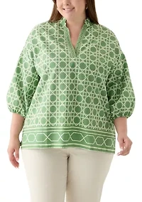 Plus 3/4 Sleeve Split Neck Printed Tunic Blouse