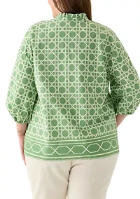 Plus 3/4 Sleeve Split Neck Printed Tunic Blouse