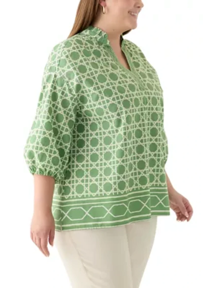 Plus 3/4 Sleeve Split Neck Printed Tunic Blouse