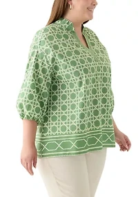 Plus 3/4 Sleeve Split Neck Printed Tunic Blouse