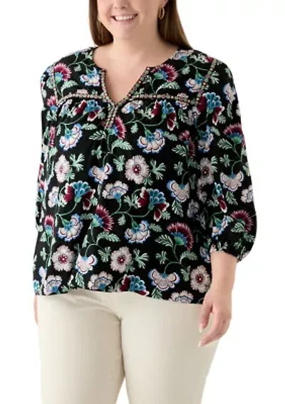 Plus 3/4 Sleeve Split Neck Top